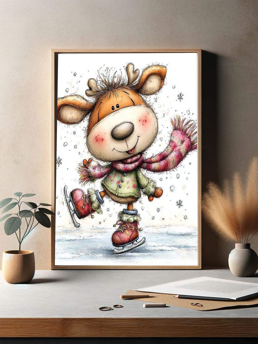 Winter Skating Deer Illustration Poster. — room view 2