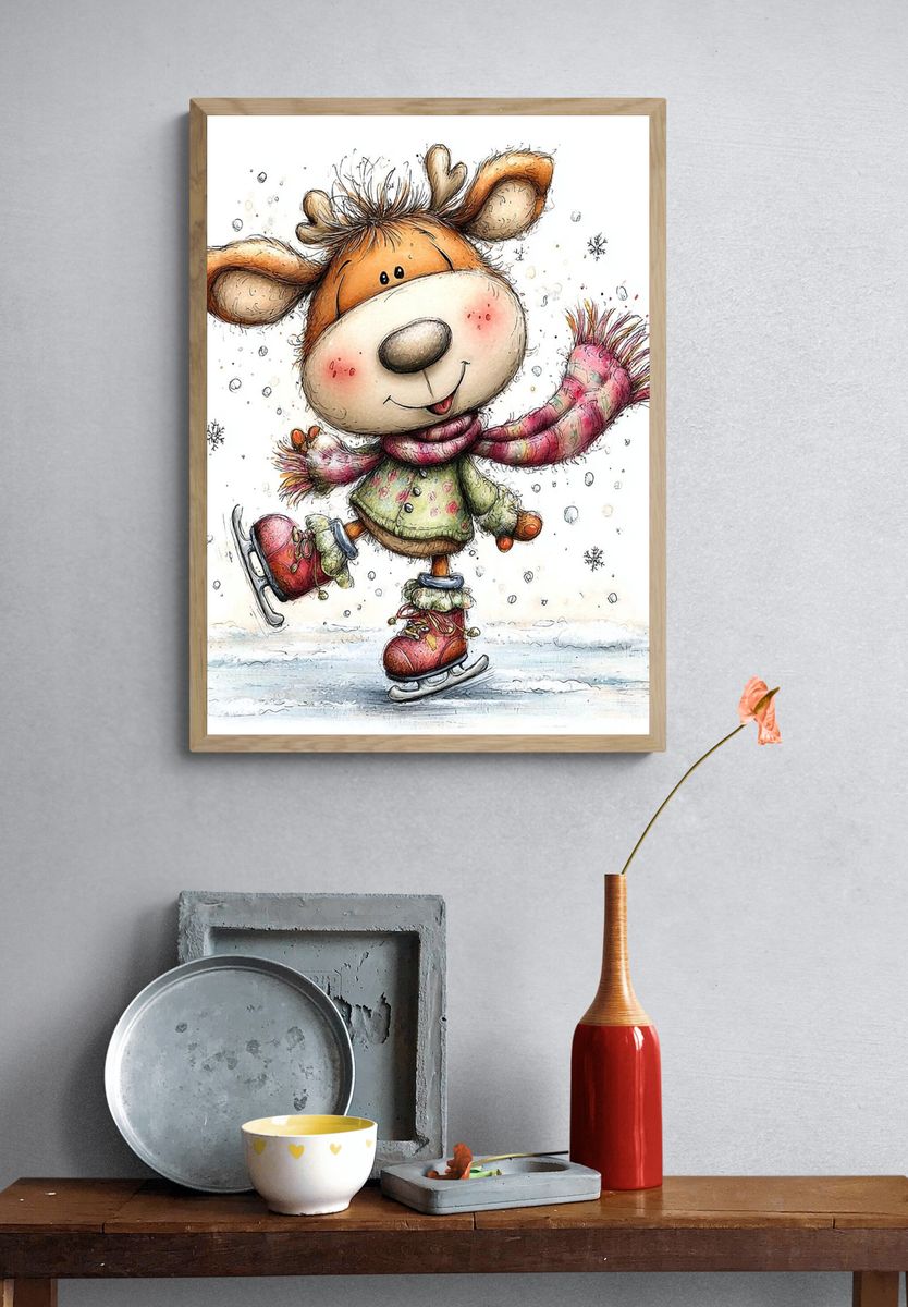 Winter Skating Deer Illustration Poster. — room view 3