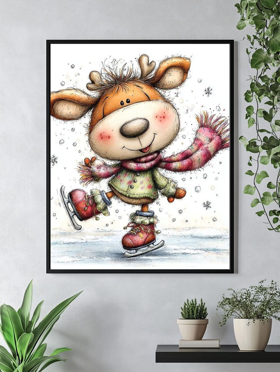 Winter Skating Deer Illustration Poster. — room view 4