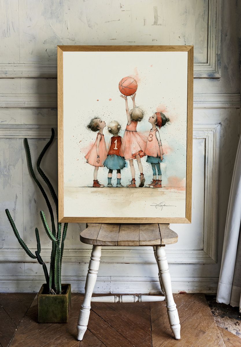 Girls Playing Basketball Illustration Poster. — room view 1