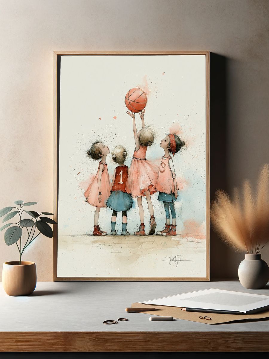 Girls Playing Basketball Illustration Poster. — room view 2