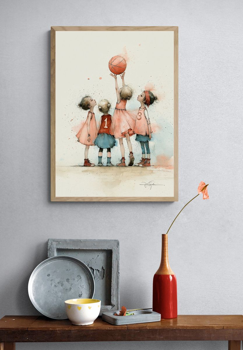 Girls Playing Basketball Illustration Poster. — room view 3