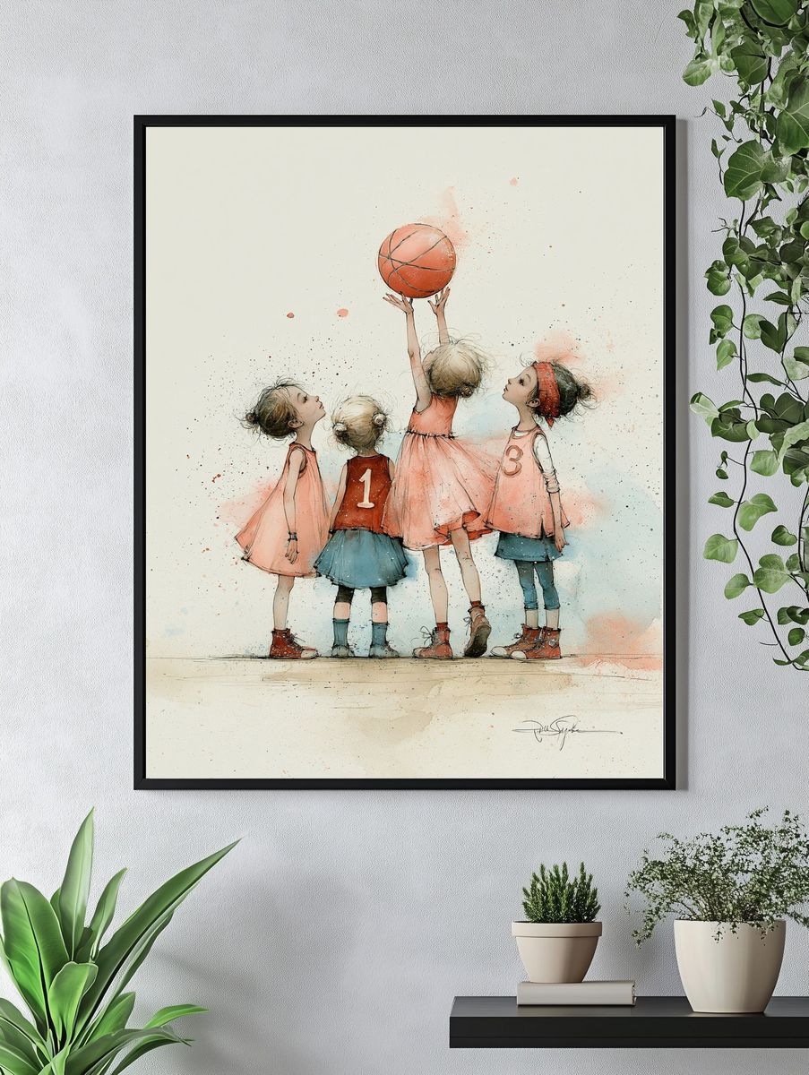 Girls Playing Basketball Illustration Poster. — room view 4