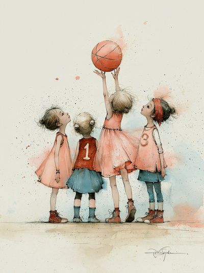 Girls Playing Basketball Illustration Poster. poster