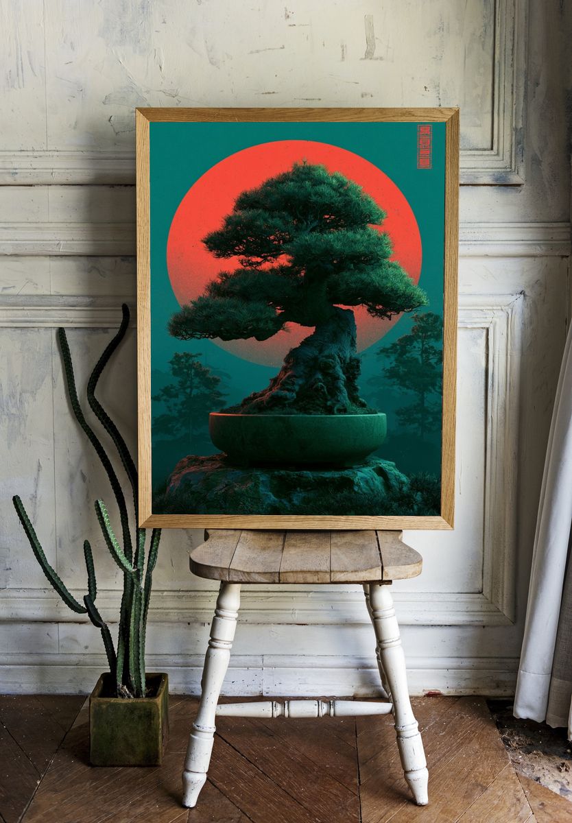 Bonsai Moonrise Illustration Poster. room preview