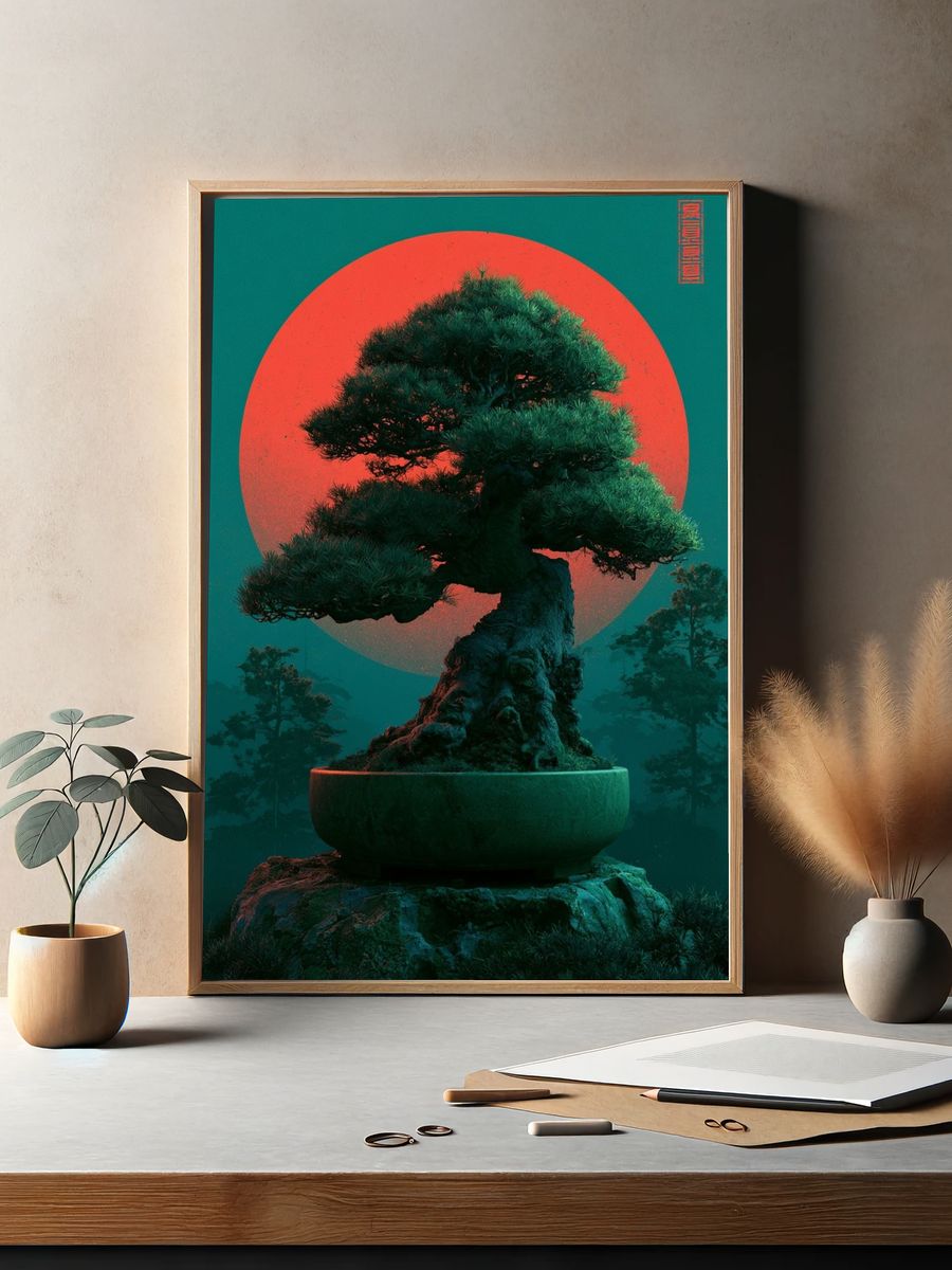 Bonsai Moonrise Illustration Poster. — room view 2