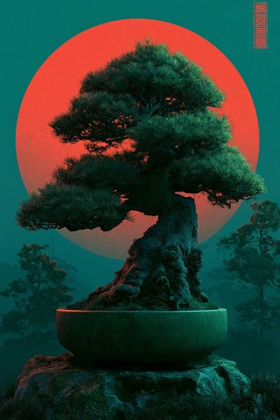 Bonsai Moonrise Illustration Poster.