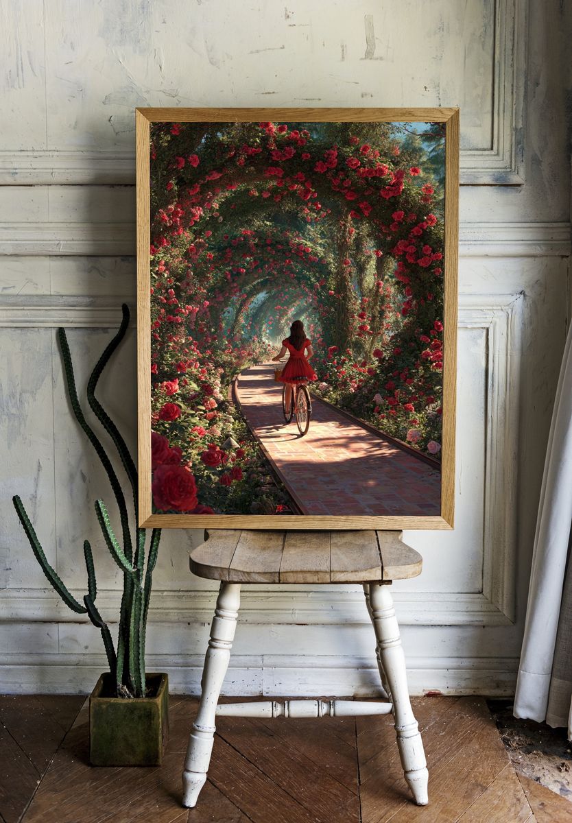 Rose Garden Bicycle Fantasy Print. room preview