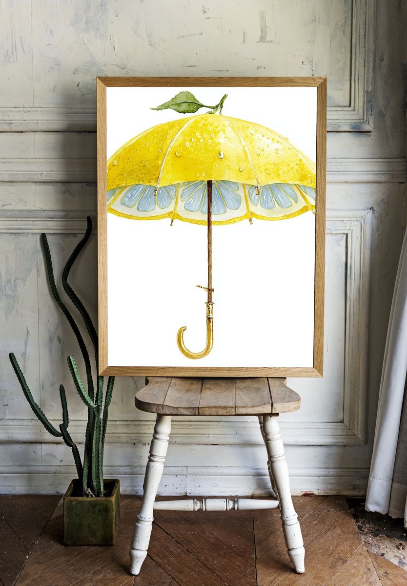 Lemon Umbrella Watercolor Print. — room view 1