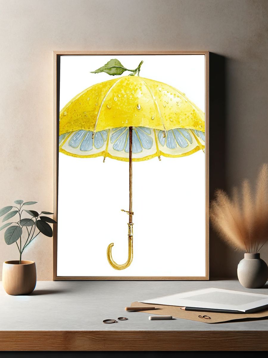 Lemon Umbrella Watercolor Print. — room view 2