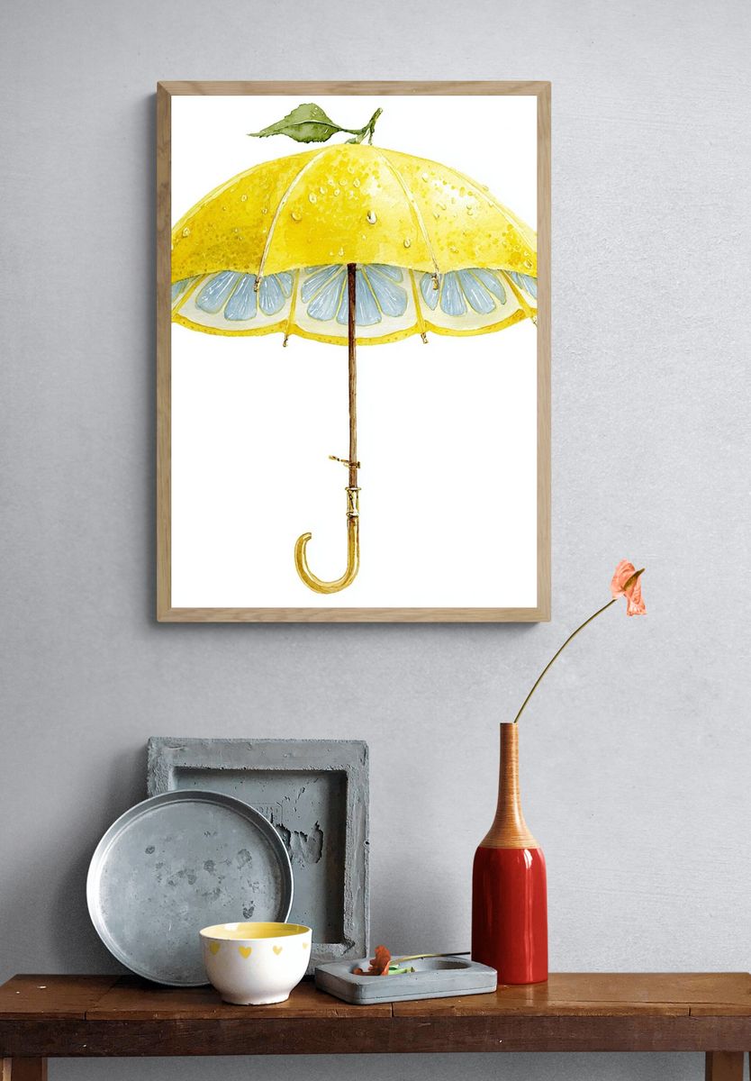 Lemon Umbrella Watercolor Print. — room view 3