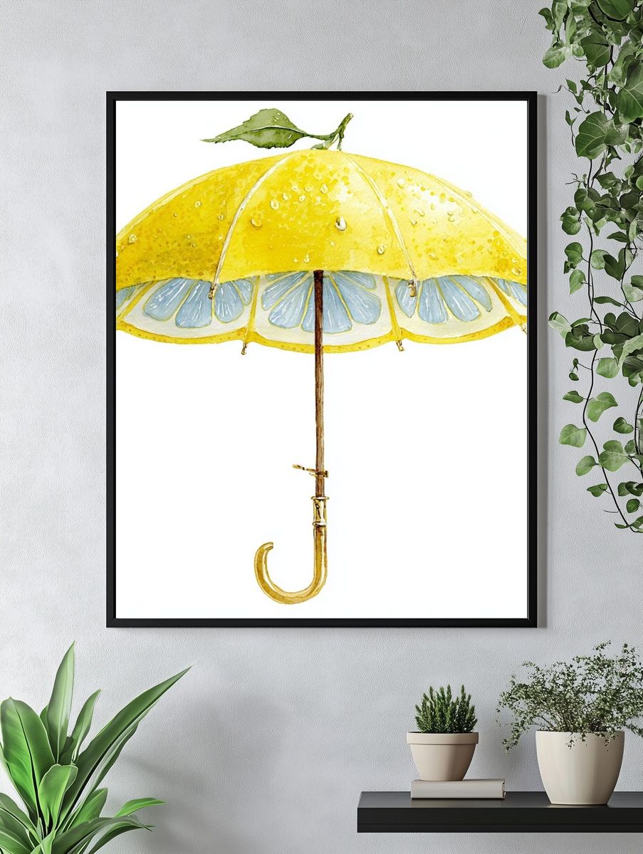 Lemon Umbrella Watercolor Print. — room view 4