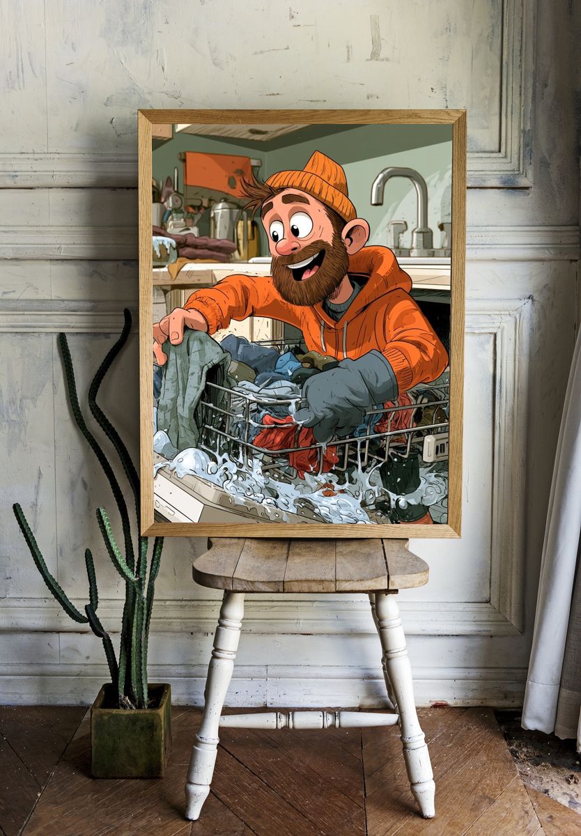 Laundry Day Cartoon Illustration Poster. — room view 1