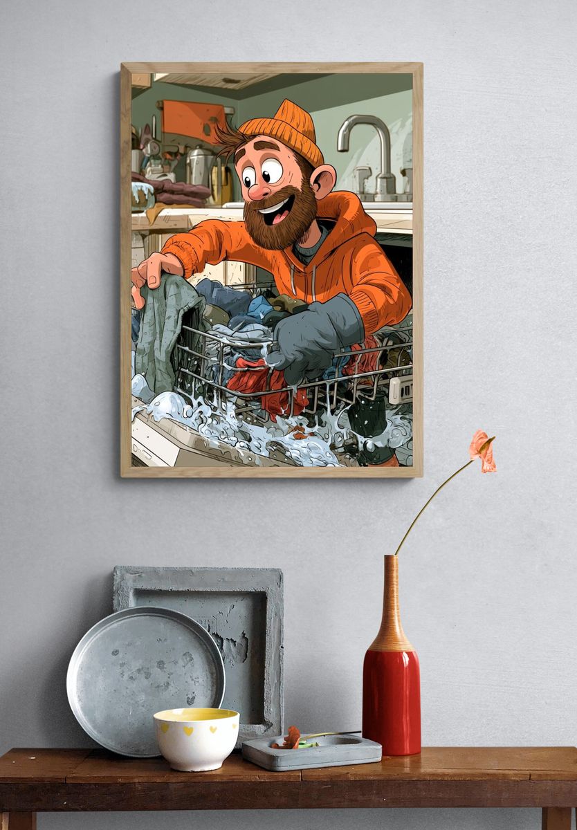 Laundry Day Cartoon Illustration Poster. — room view 3