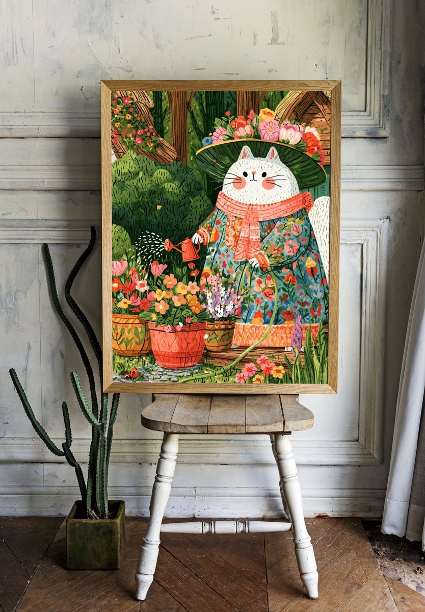 Garden Cat Illustration Poster. — room view 1