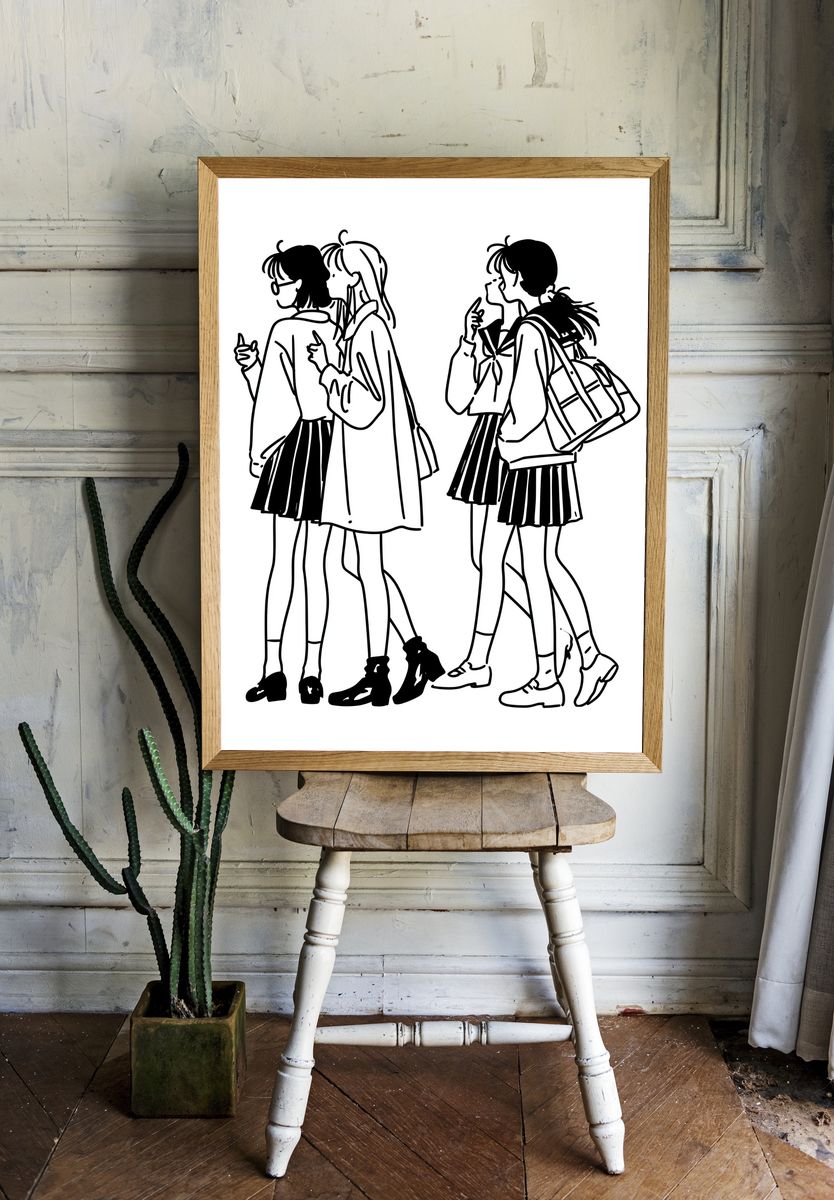 Schoolgirls Line Art Poster. room preview