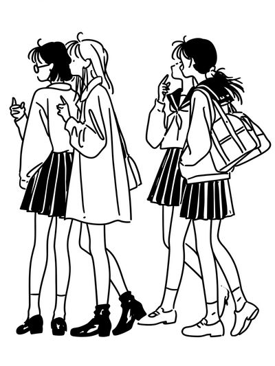 Schoolgirls Line Art Poster.