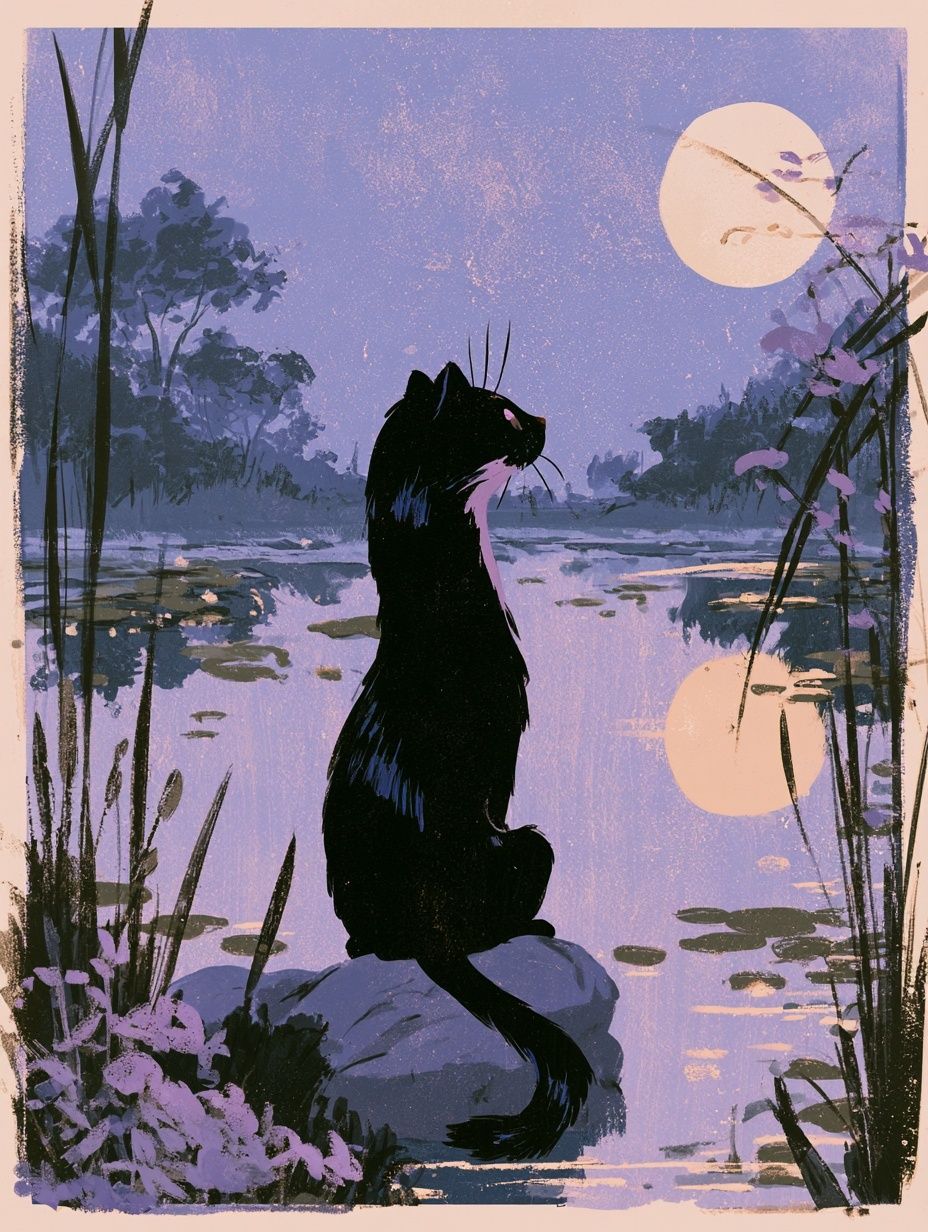 Moonlit Cat Lake Illustration Poster. poster — illustration art