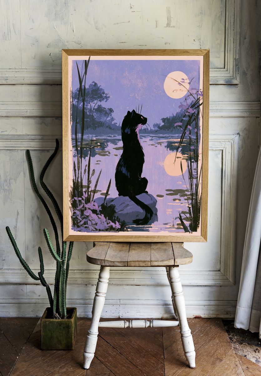 Moonlit Cat Lake Illustration Poster. room preview