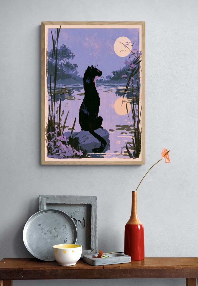 Moonlit Cat Lake Illustration Poster. — room view 3