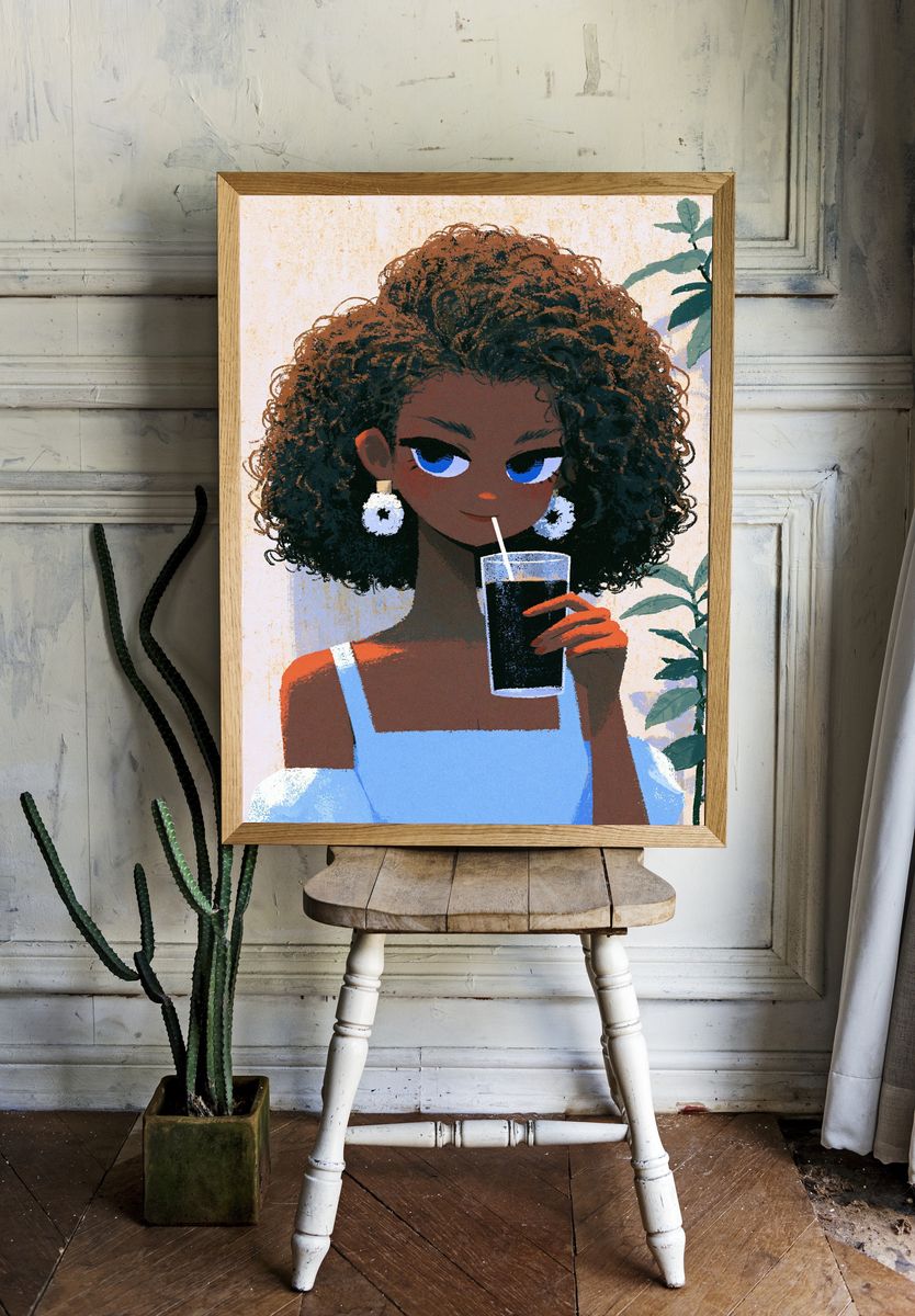 Stylish Girl with Drink Illustration Poster. — room view 1