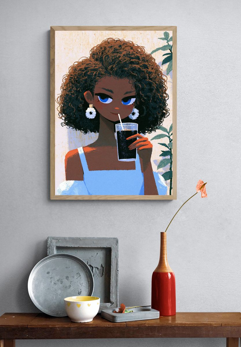 Stylish Girl with Drink Illustration Poster. — room view 3