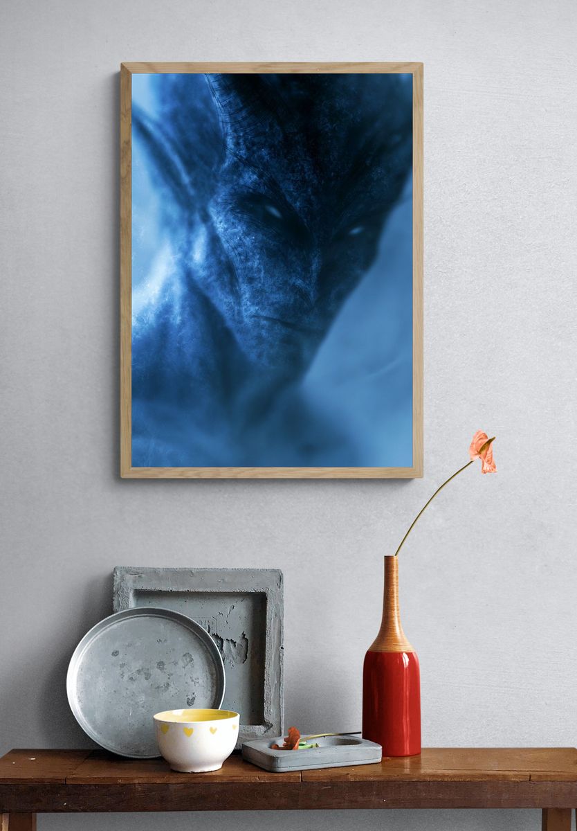 Blue Alien Face Abstract Print. — room view 3