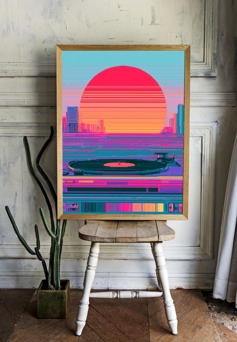 Neon Sunset Cityscape Poster. — room view 1