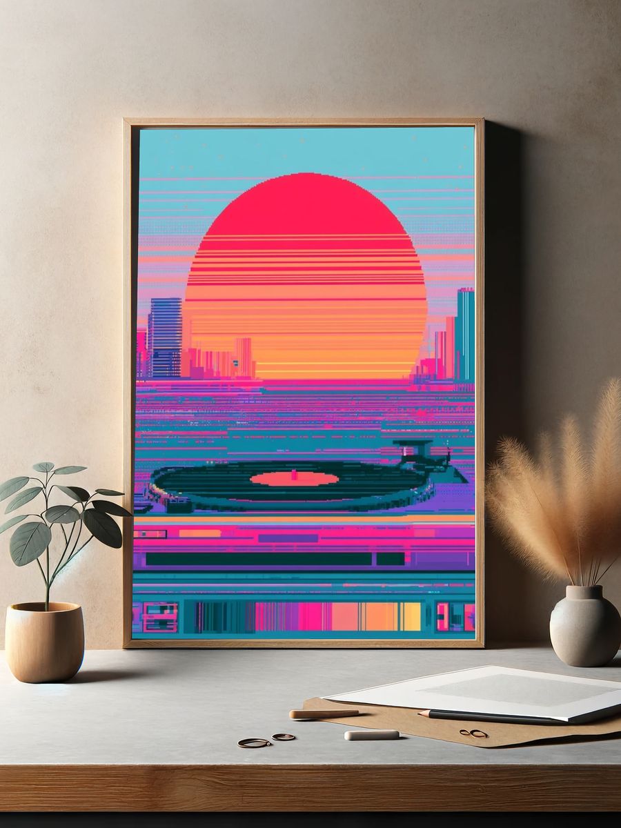 Neon Sunset Cityscape Poster. — room view 2