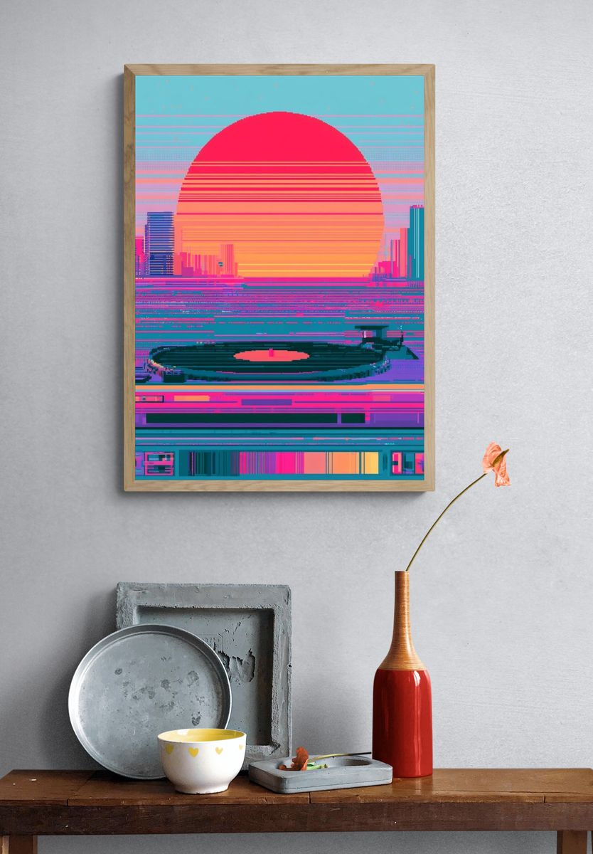 Neon Sunset Cityscape Poster. — room view 3