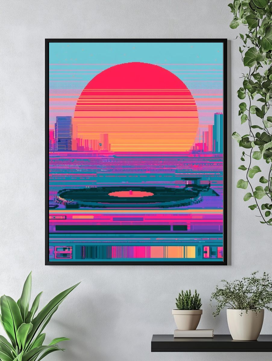 Neon Sunset Cityscape Poster. — room view 4
