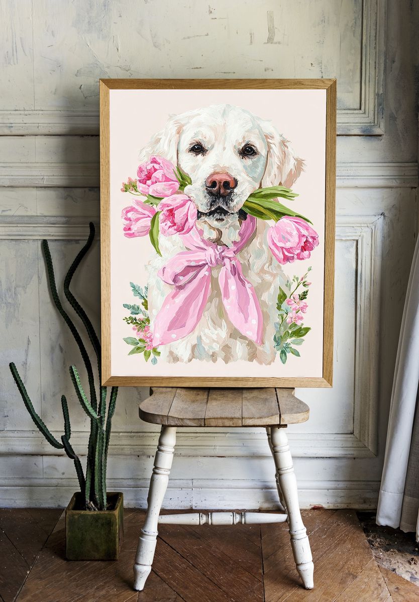 Golden Retriever Floral Illustration Poster. — room view 1