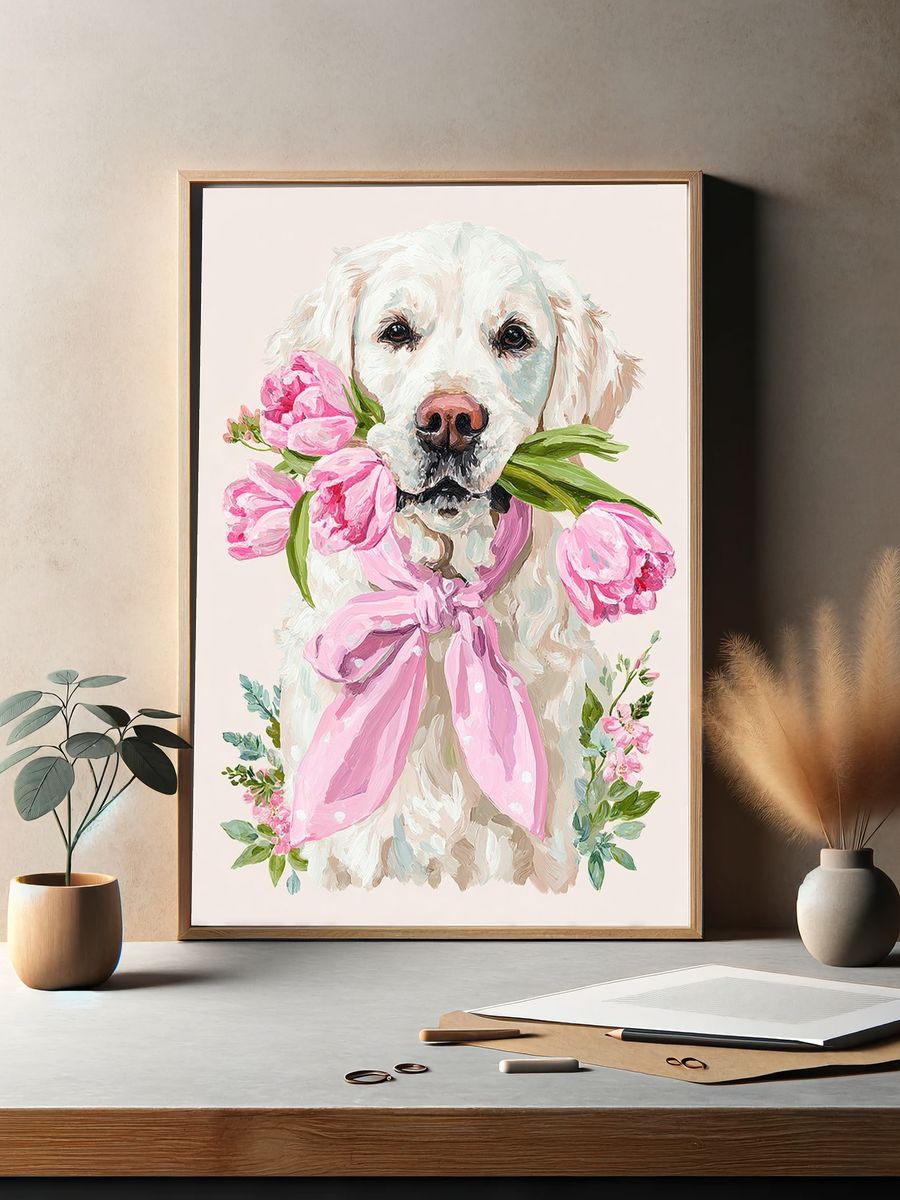 Golden Retriever Floral Illustration Poster. — room view 2