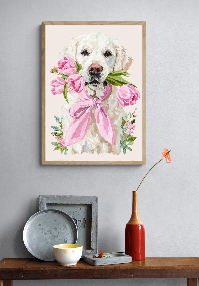 Golden Retriever Floral Illustration Poster. — room view 3