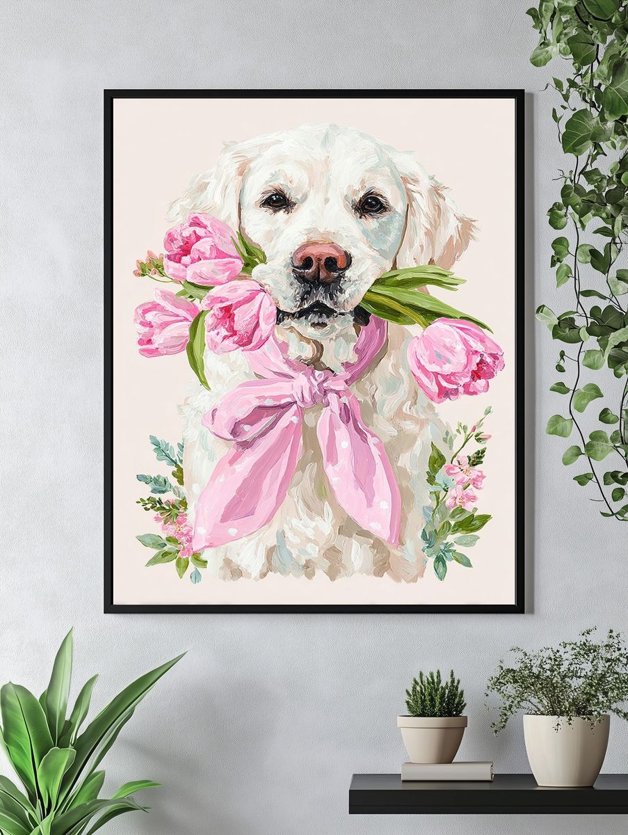 Golden Retriever Floral Illustration Poster. — room view 4