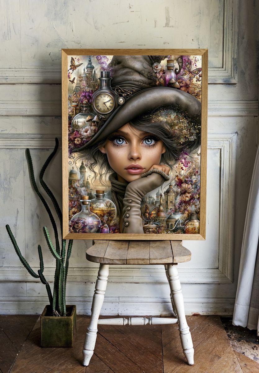 Steampunk Girl Portrait Print. room preview