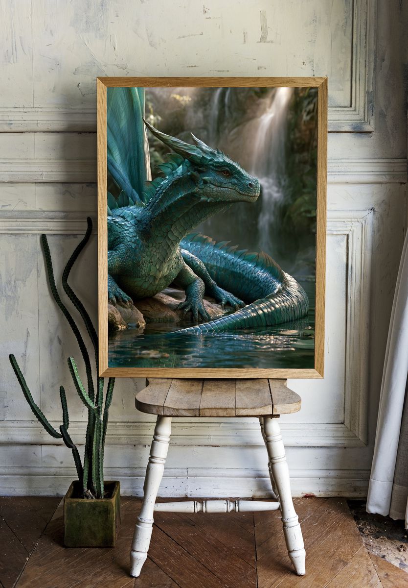 Emerald Dragon Waterfall Print. room preview