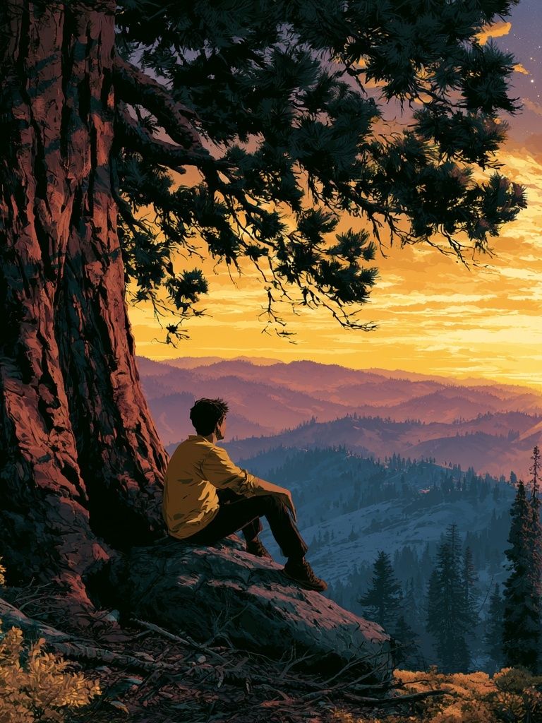 Mountain Sunset Hiker Illustration Poster. poster detail