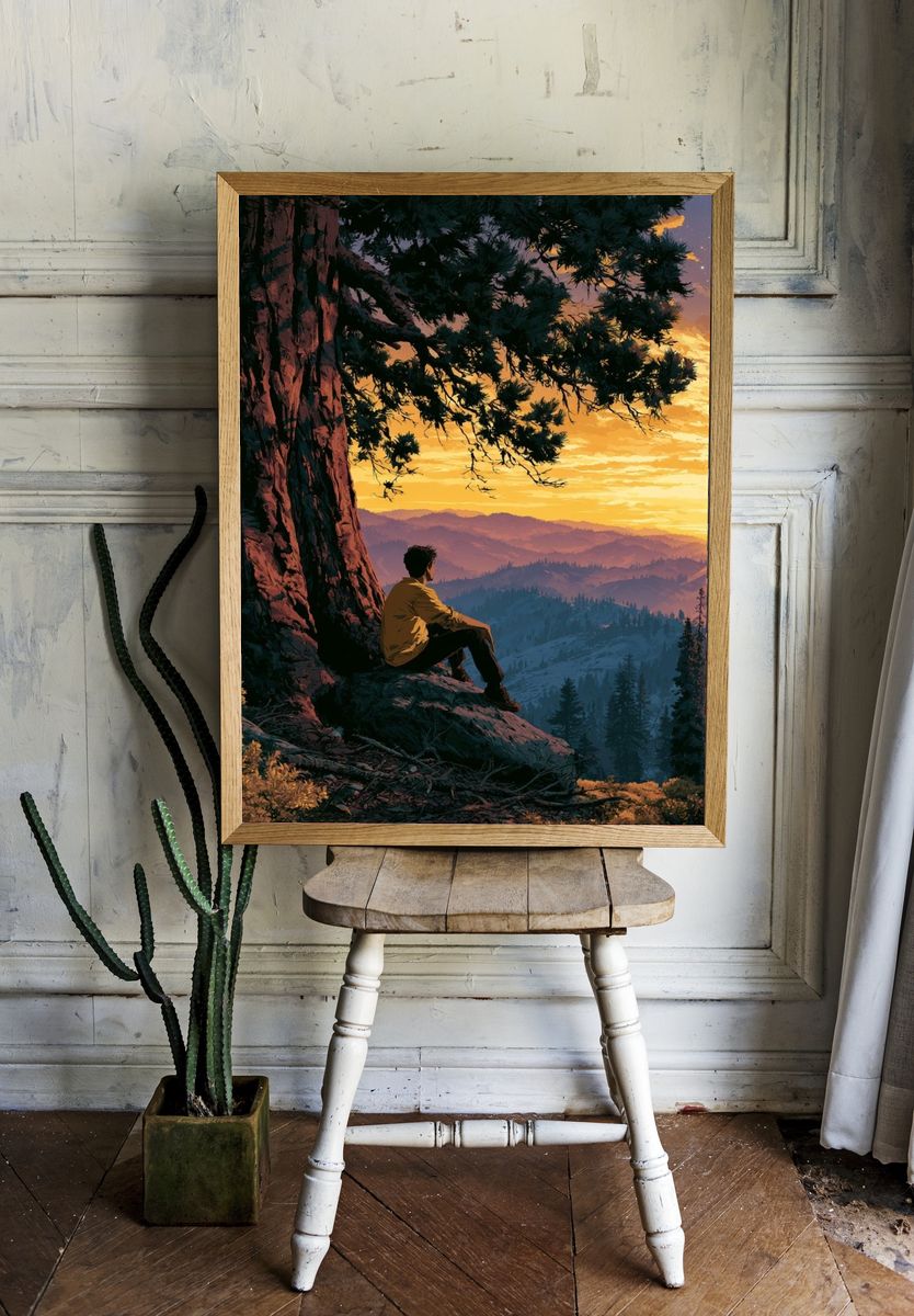 Mountain Sunset Hiker Illustration Poster. room preview
