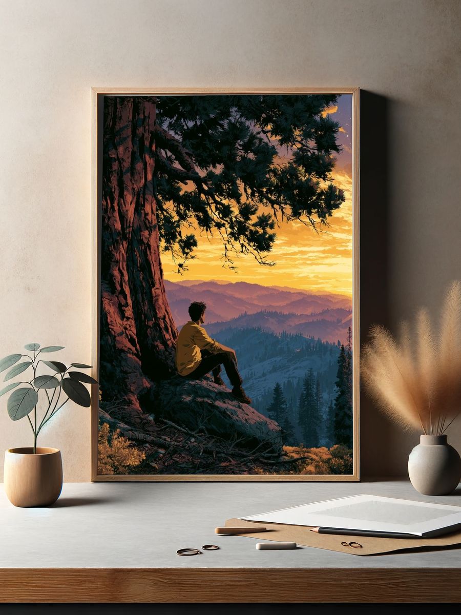Mountain Sunset Hiker Illustration Poster. — room view 2