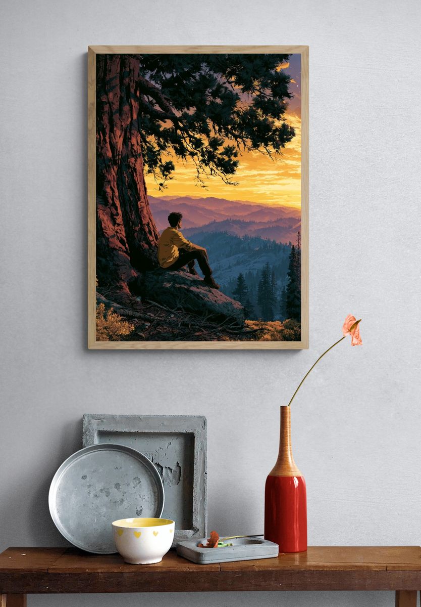 Mountain Sunset Hiker Illustration Poster. — room view 3