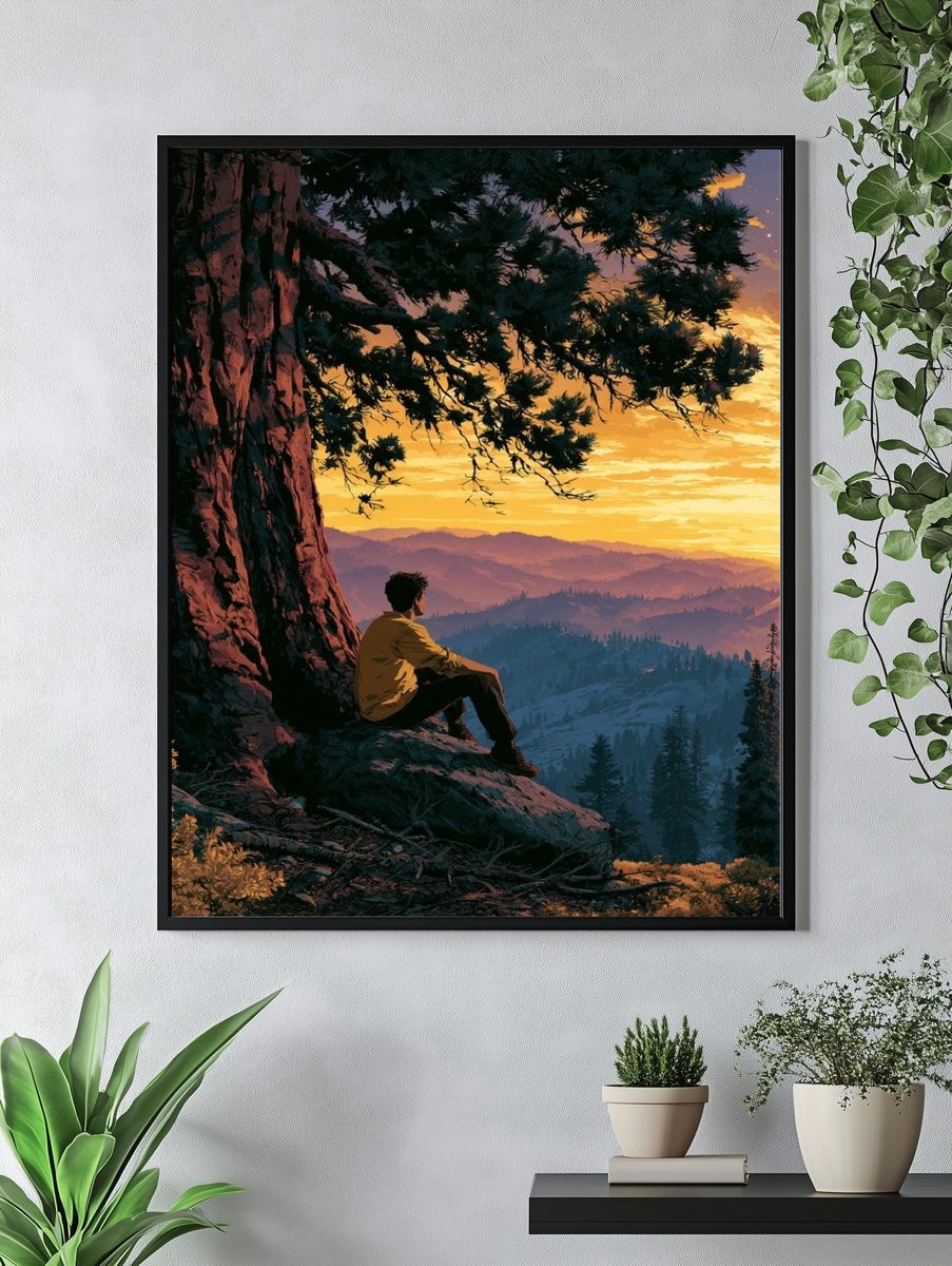 Mountain Sunset Hiker Illustration Poster. — room view 4