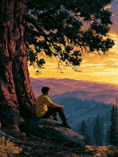 Mountain Sunset Hiker Illustration Poster.