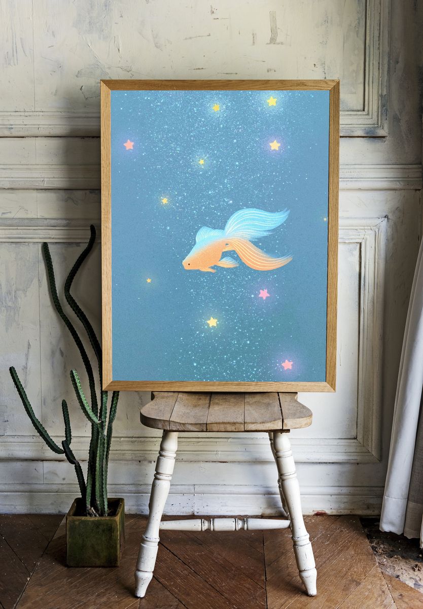 Dreamy Goldfish Stars Illustration Poster. — room view 1