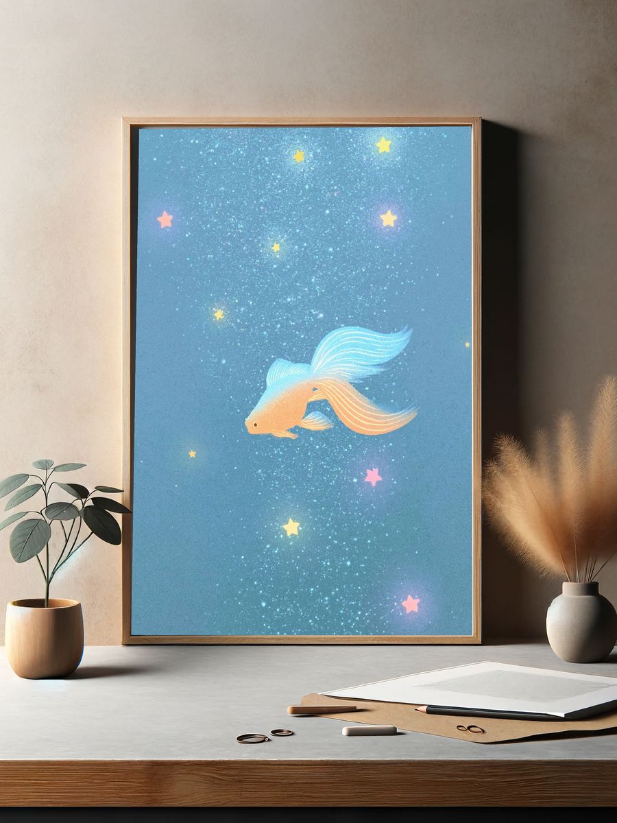 Dreamy Goldfish Stars Illustration Poster. — room view 2
