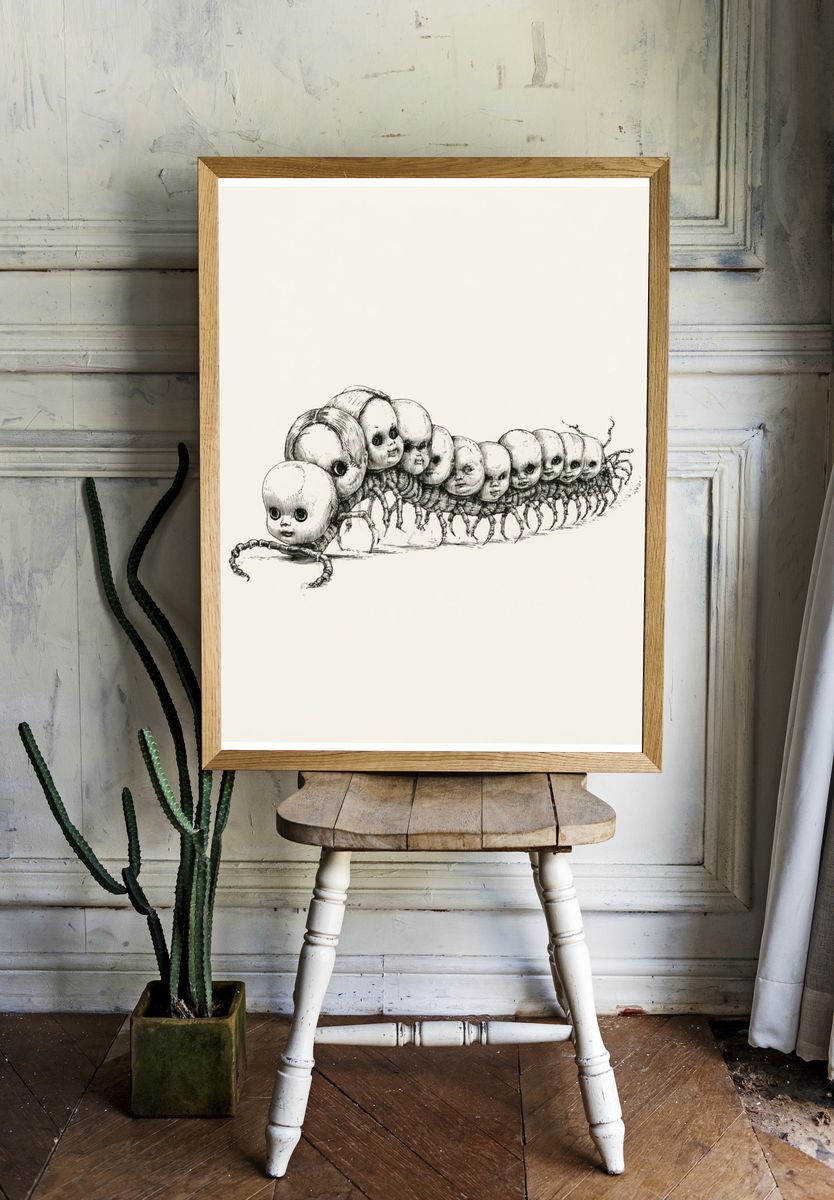Surreal Caterpillar Dolls Print. room preview