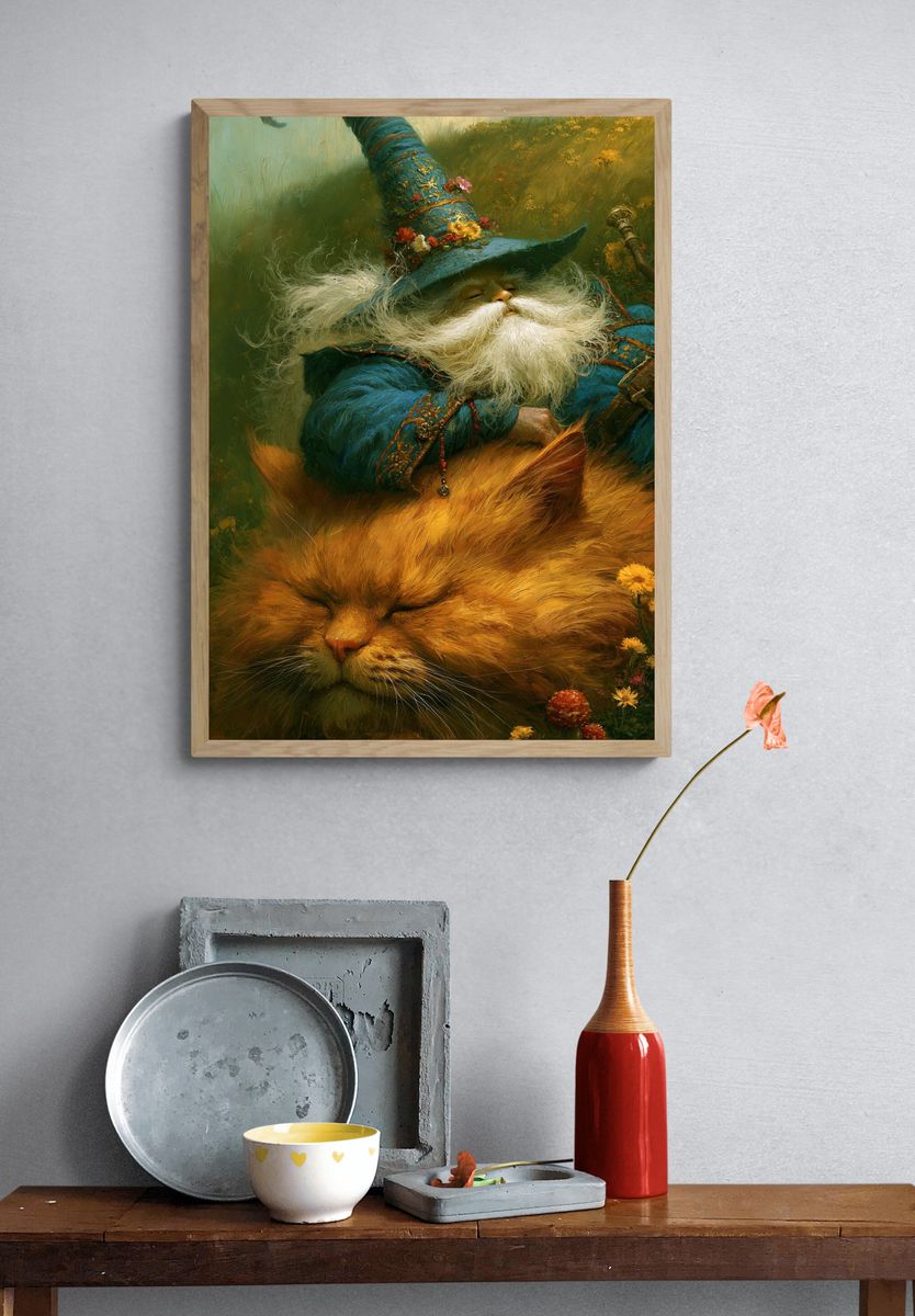Wizard Cat Fantasy Illustration Poster. — room view 3
