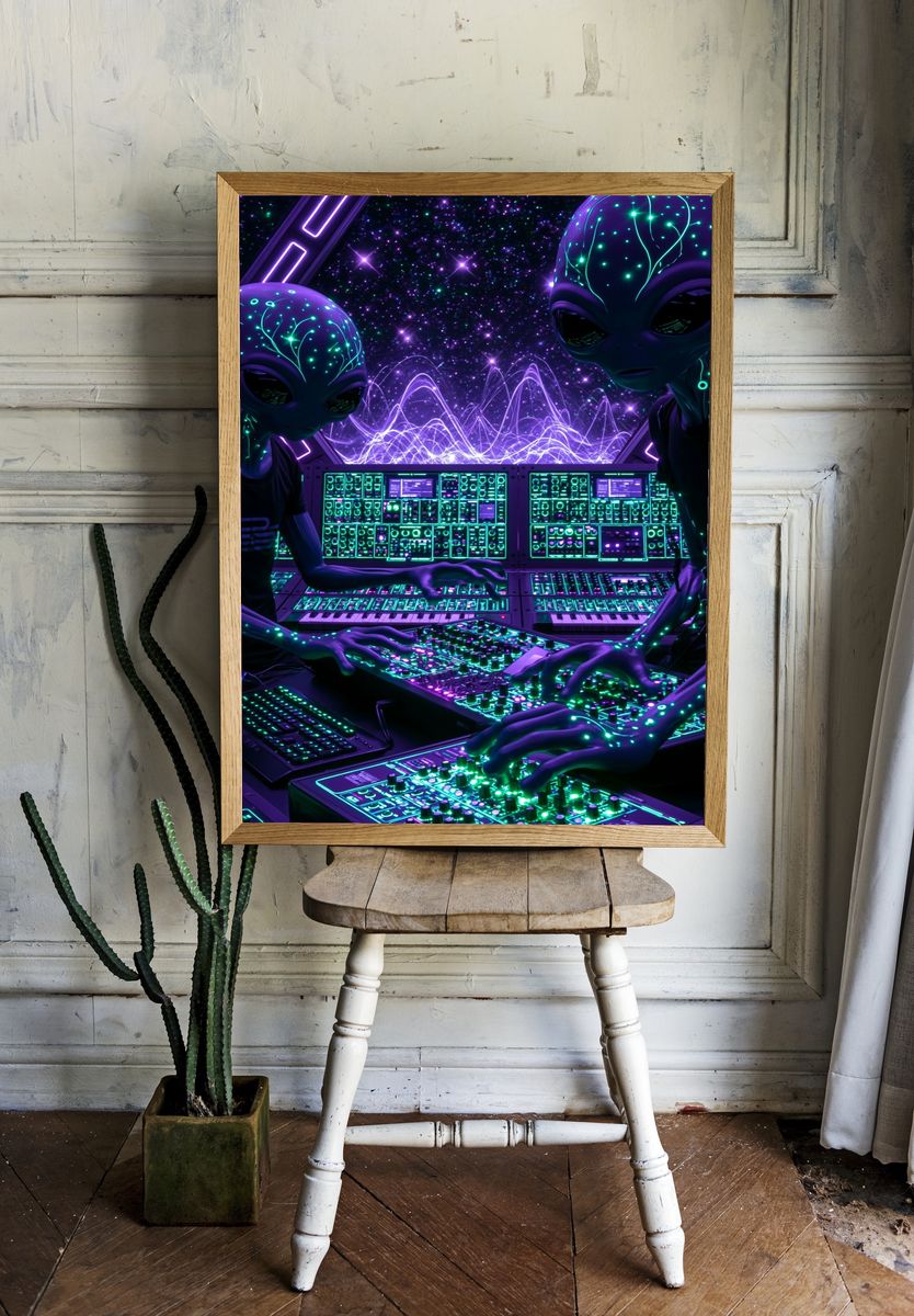 Alien Synthwave Control Room Poster. room preview