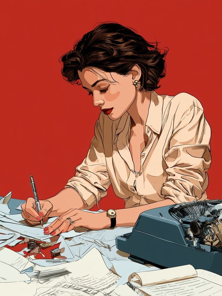 Woman Writing at Desk Illustration Poster. poster detail