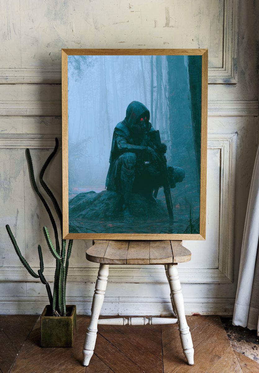 Cyborg Soldier in Foggy Forest Poster. room preview